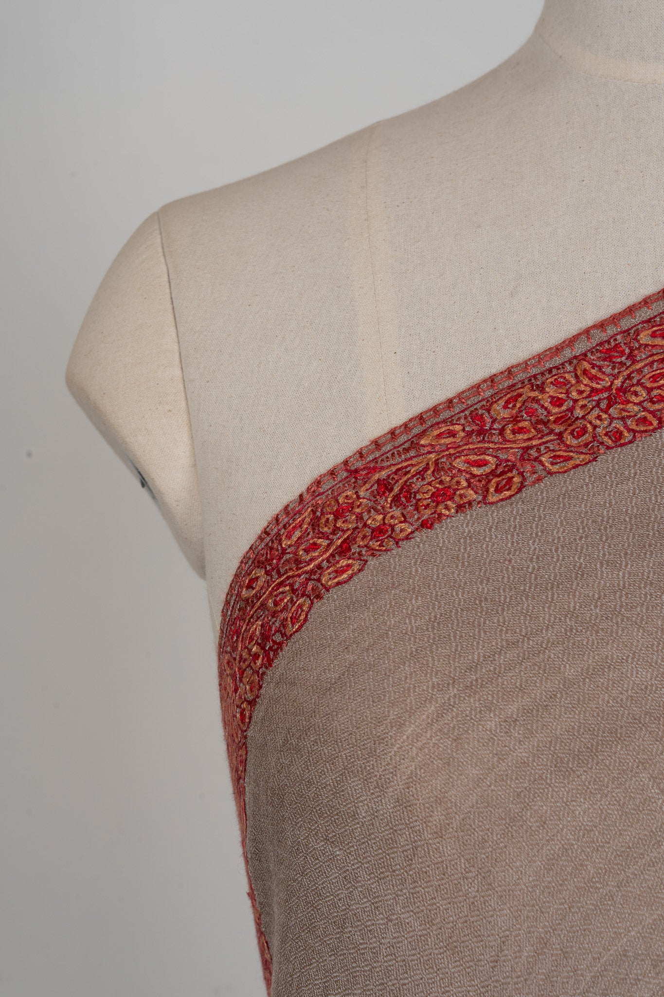 Taupe Bloom — 2.5 Yards Sozni Hand-Embroidered Shawl