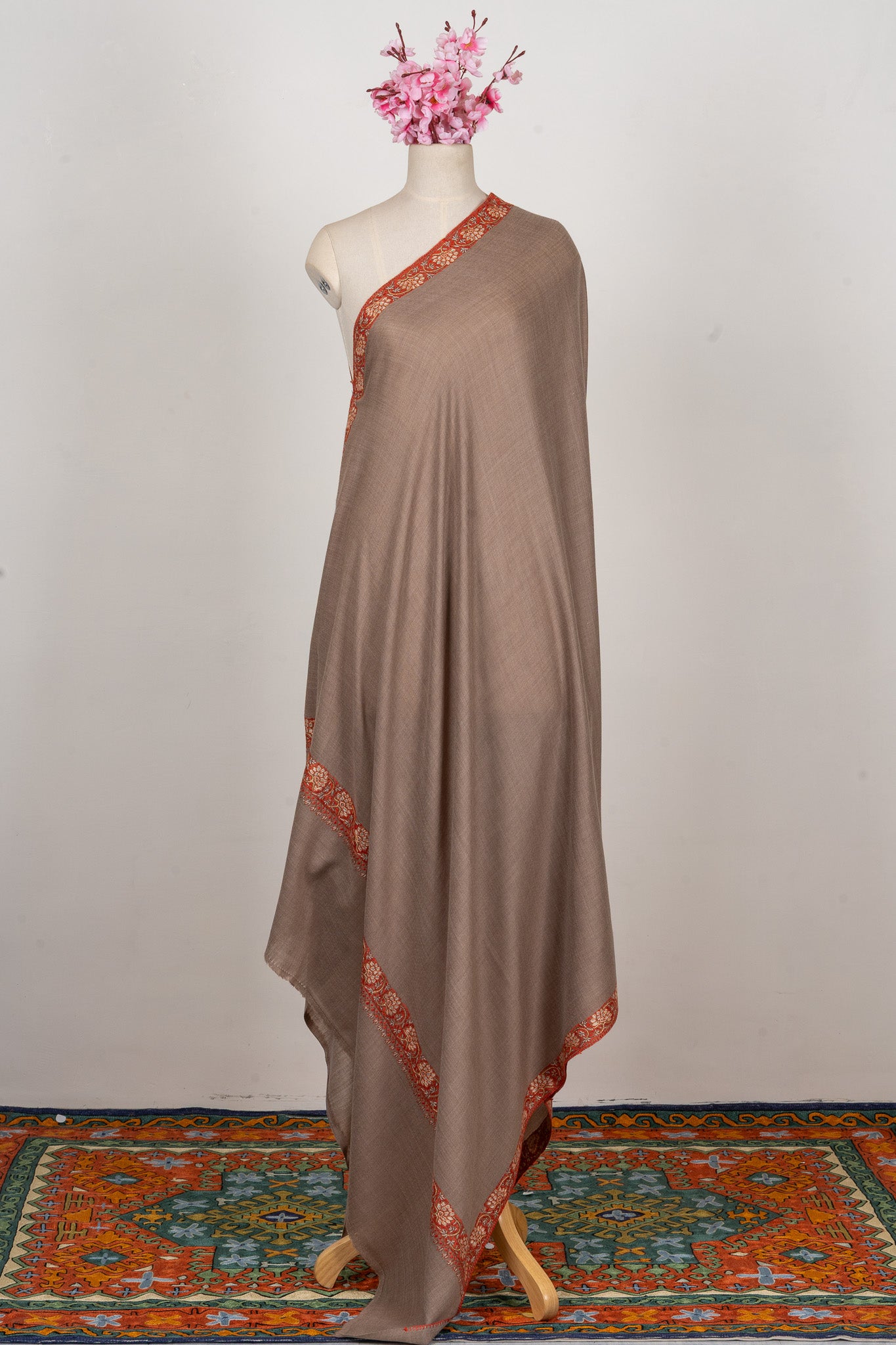 Mocha Whisper — 2.5 Yards Sozni Hand-Embroidered Shawl