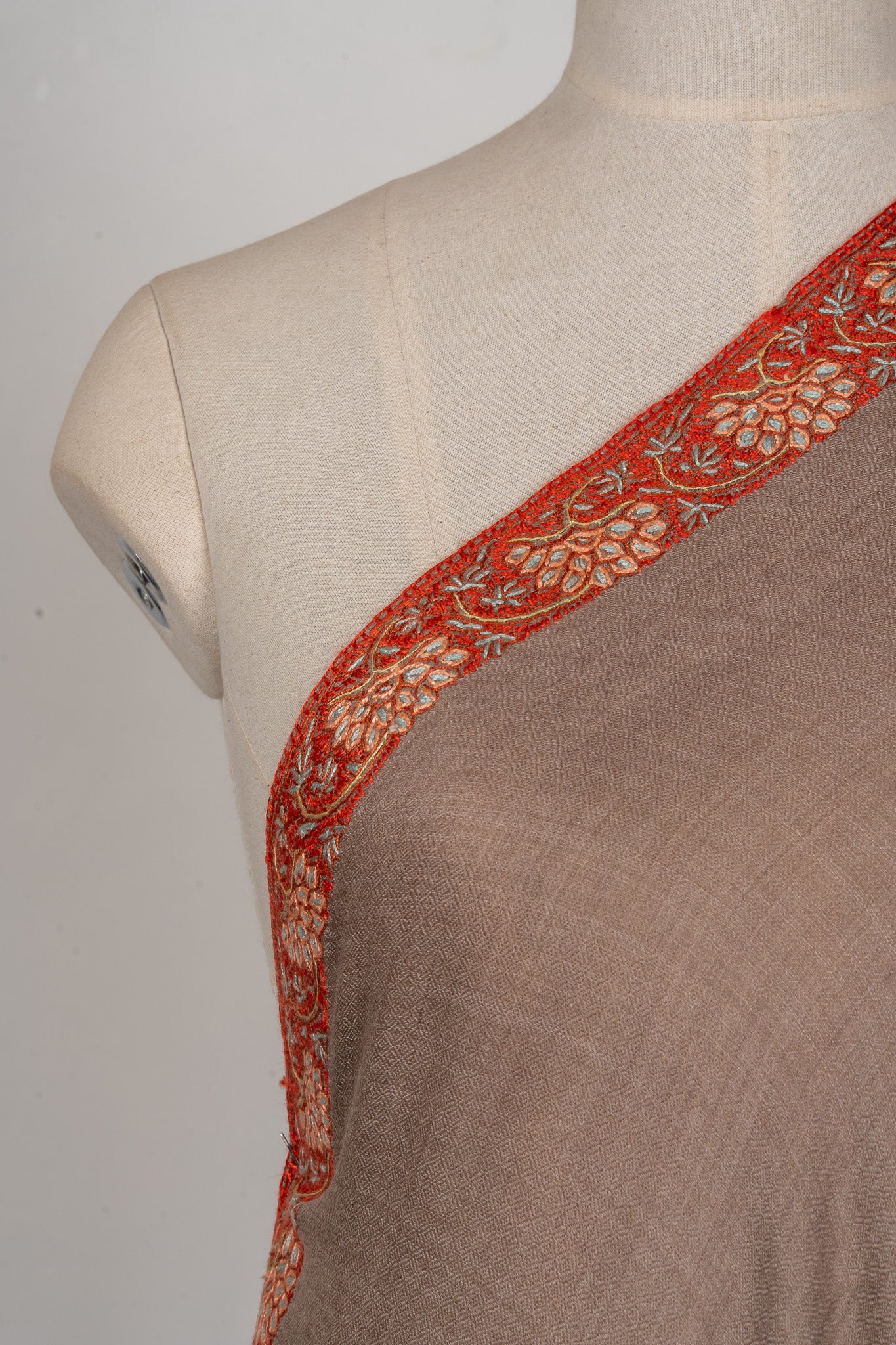 Mocha Whisper — 2.5 Yards Sozni Hand-Embroidered Shawl