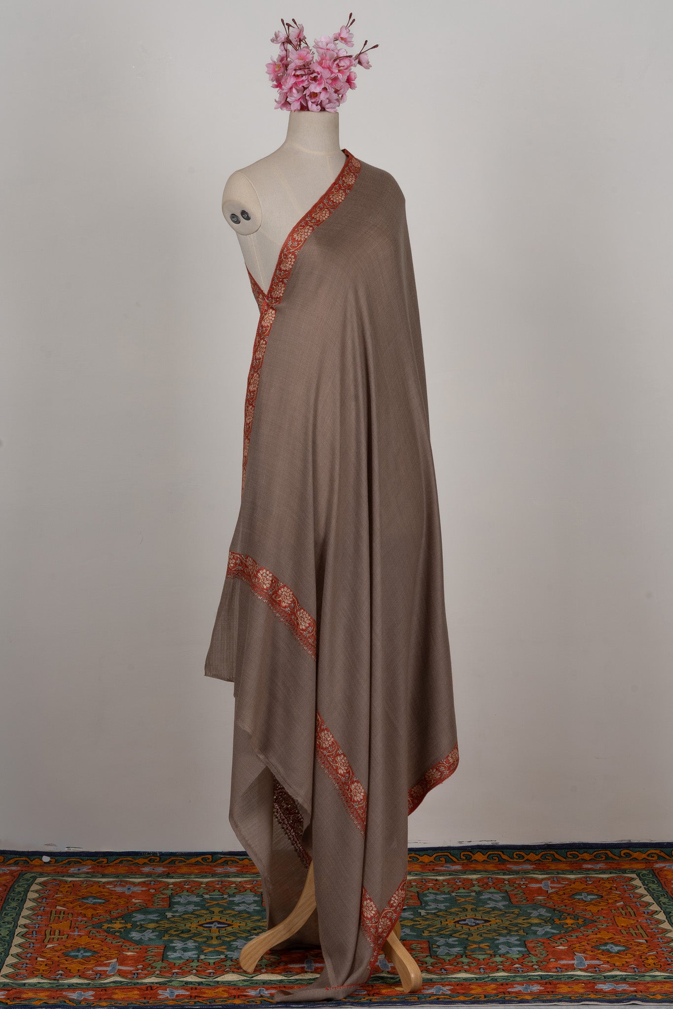 Mocha Whisper — 2.5 Yards Sozni Hand-Embroidered Shawl