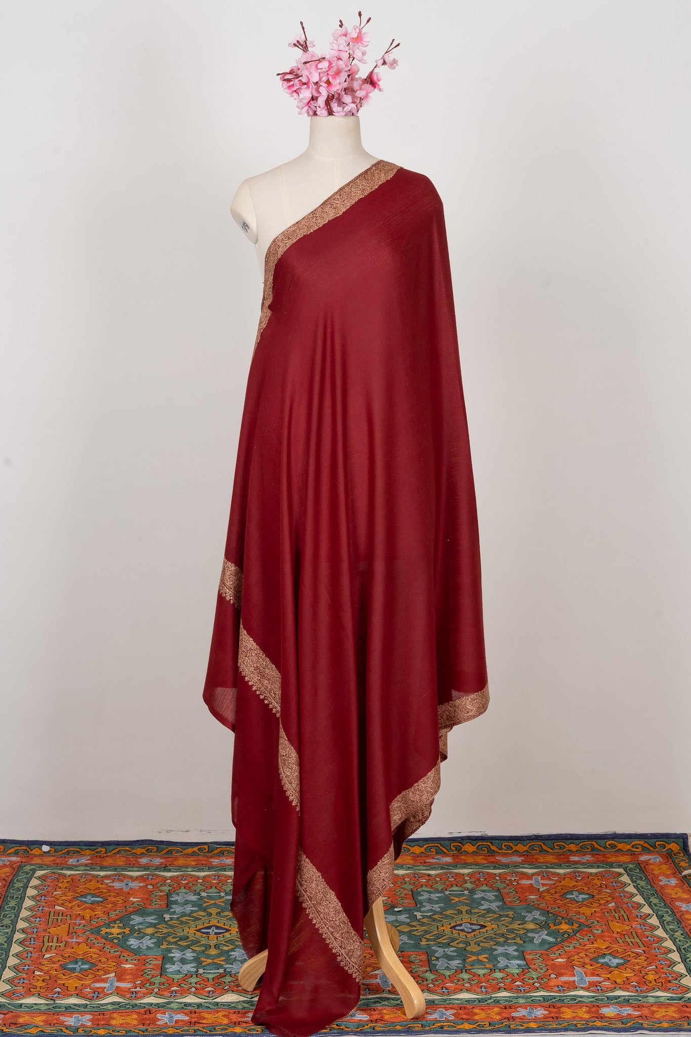 Crimson Aura — 2.5 Yards Sozni Hand-Embroidered Shawl