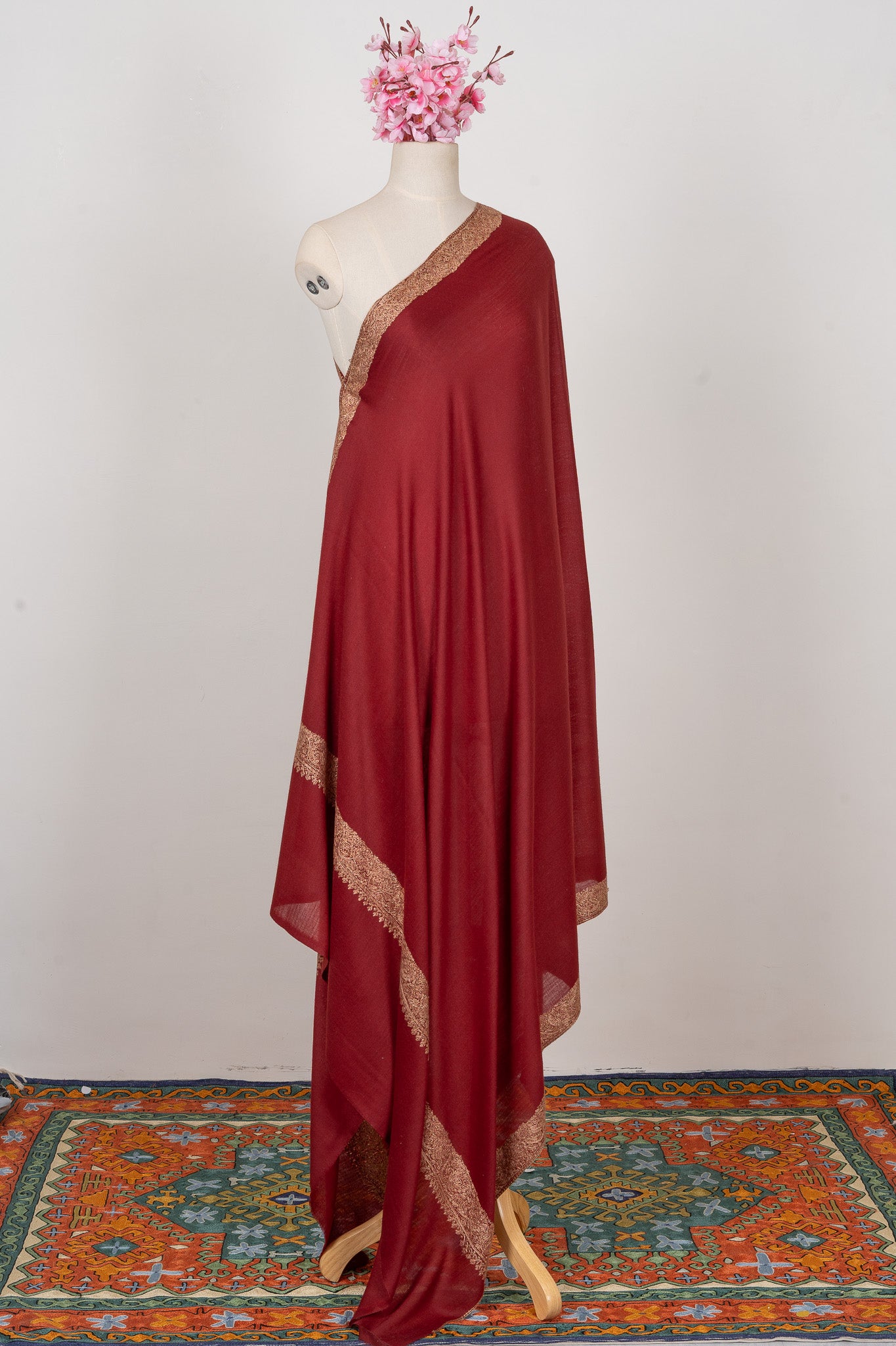 Crimson Aura — 2.5 Yards Sozni Hand-Embroidered Shawl