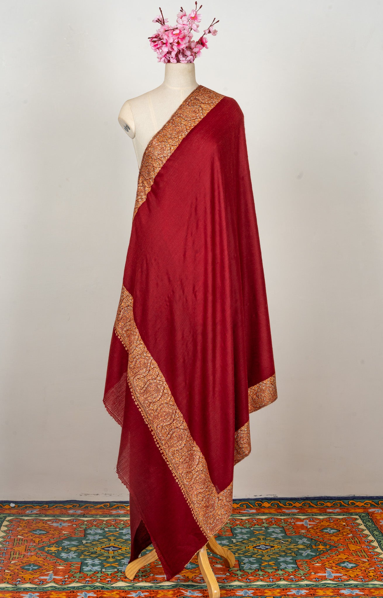 Ruby Reverie — 2.5 Yards Sozni Hand-Embroidered Shawl