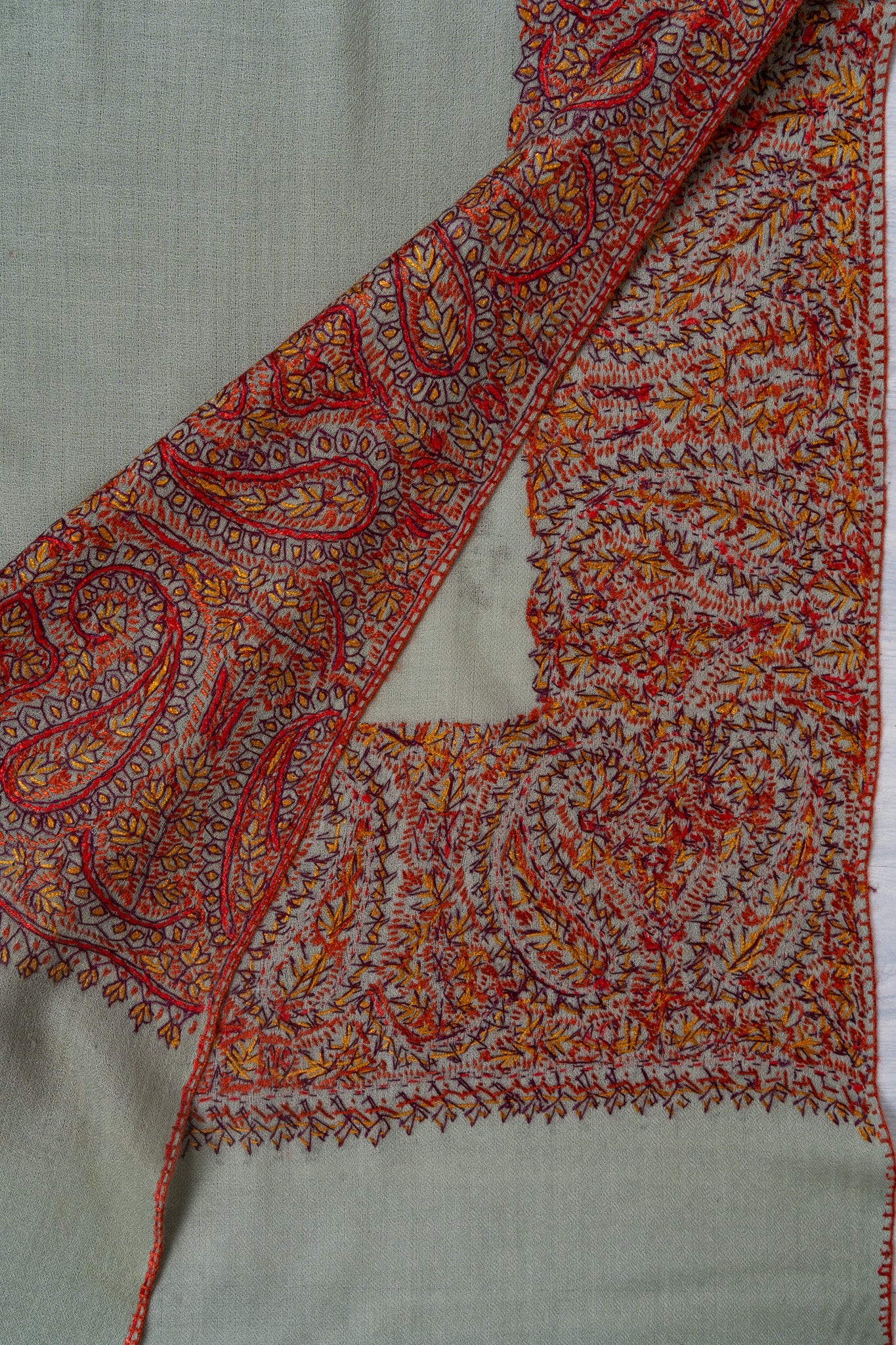 Mist Fern — 2.5 Yards Sozni Hand-Embroidered Shawl