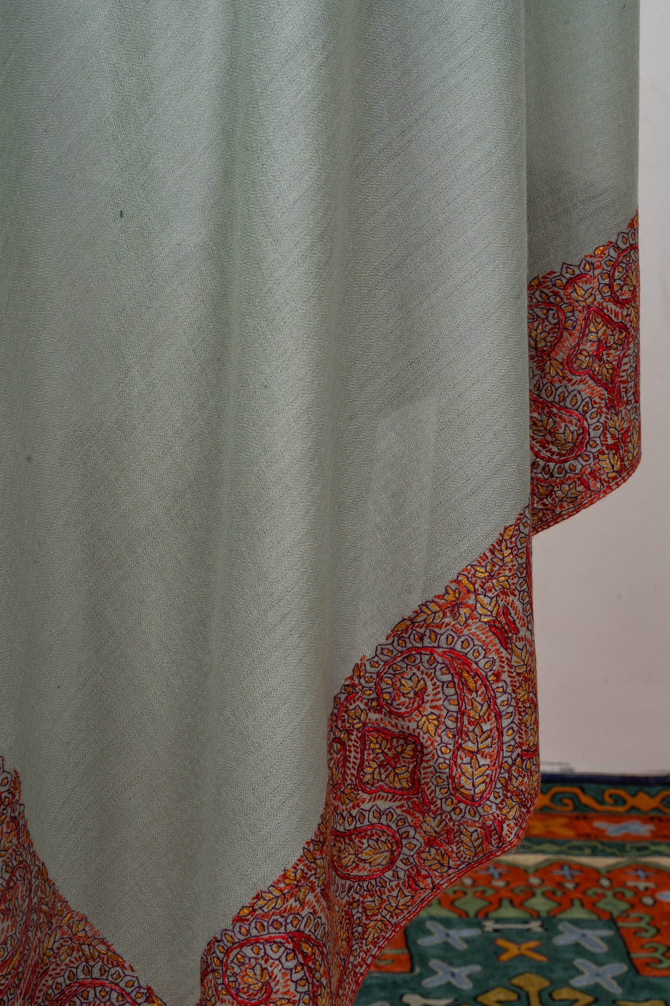 Mist Fern — 2.5 Yards Sozni Hand-Embroidered Shawl