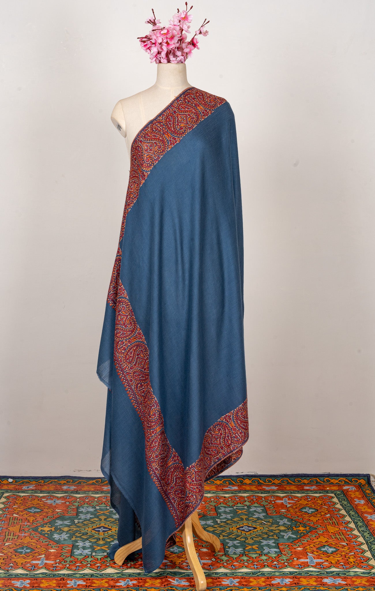 Azure Bloom — 2.5 Yards Sozni Hand-Embroidered Shawl