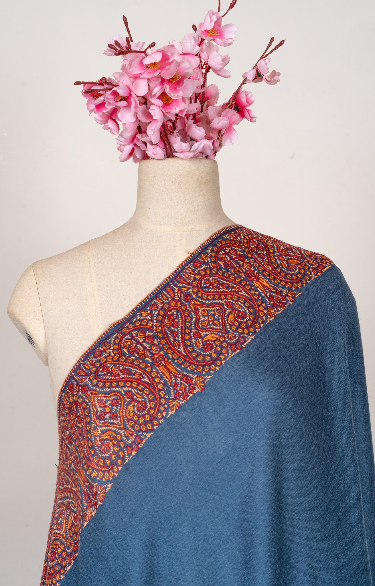 Azure Bloom — 2.5 Yards Sozni Hand-Embroidered Shawl