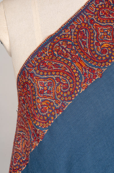 Azure Bloom — 2.5 Yards Sozni Hand-Embroidered Shawl