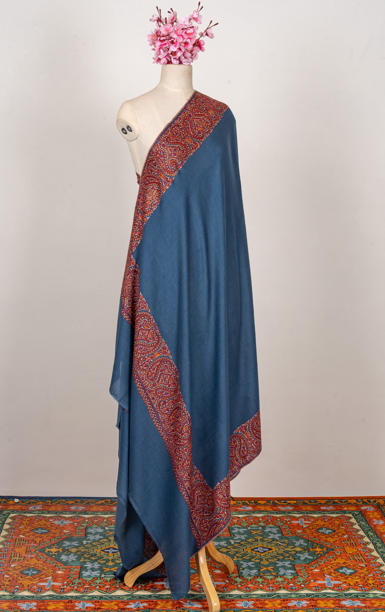 Azure Bloom — 2.5 Yards Sozni Hand-Embroidered Shawl