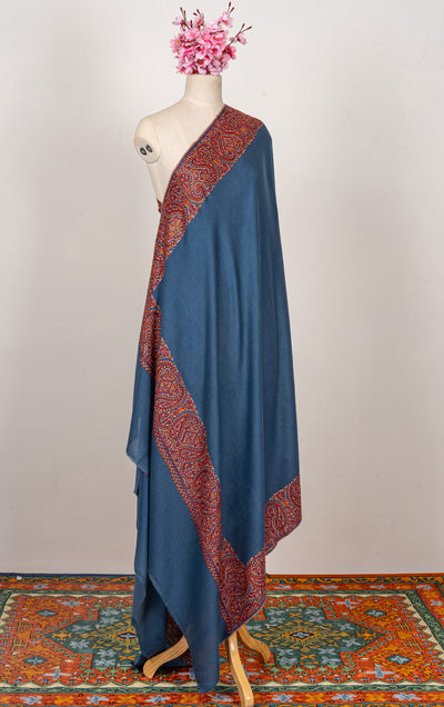 Azure Bloom — 2.5 Yards Sozni Hand-Embroidered Shawl