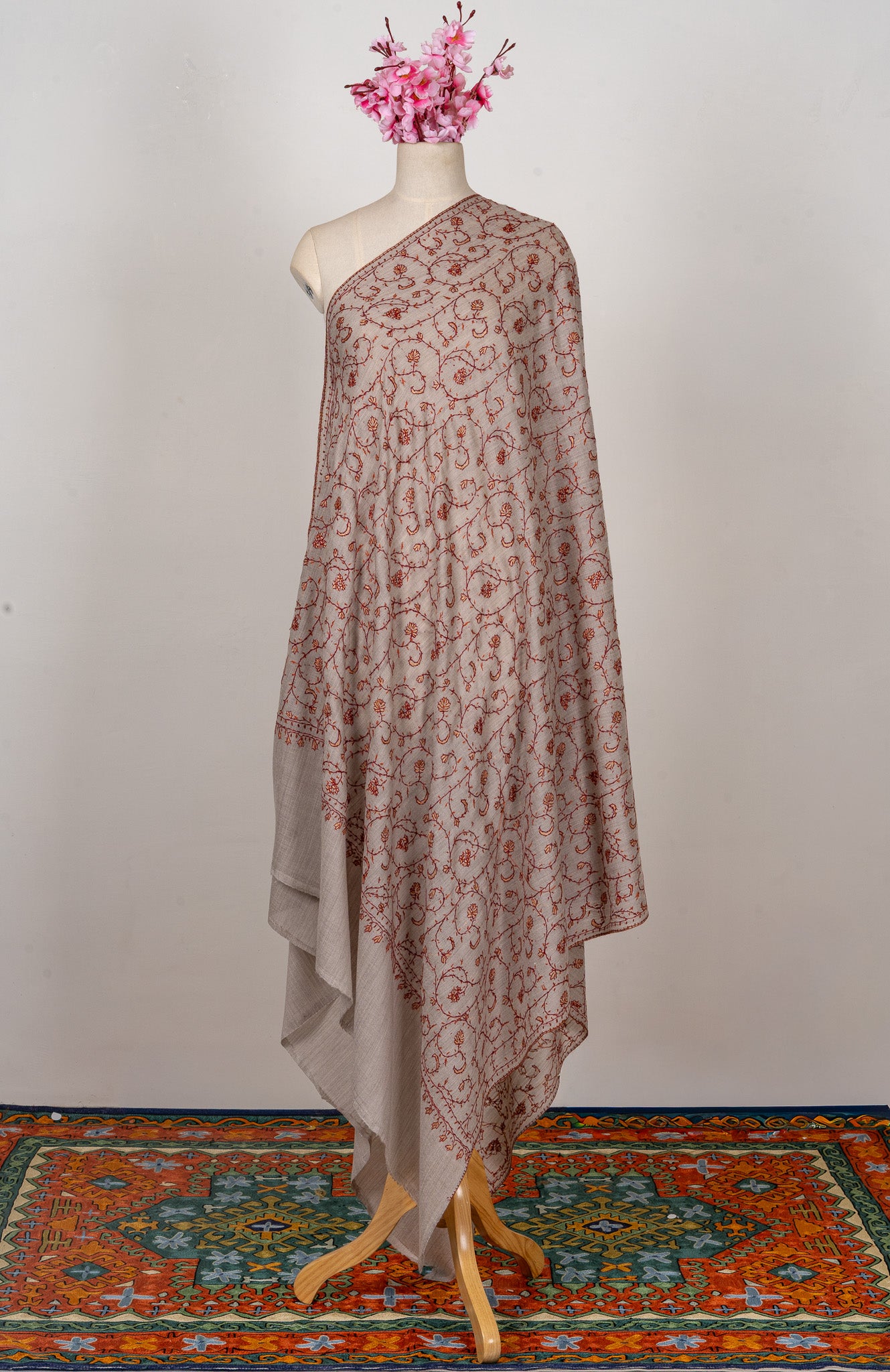 Clay Blossom — 2.5 Yards Sozni Hand-Embroidered Shawl