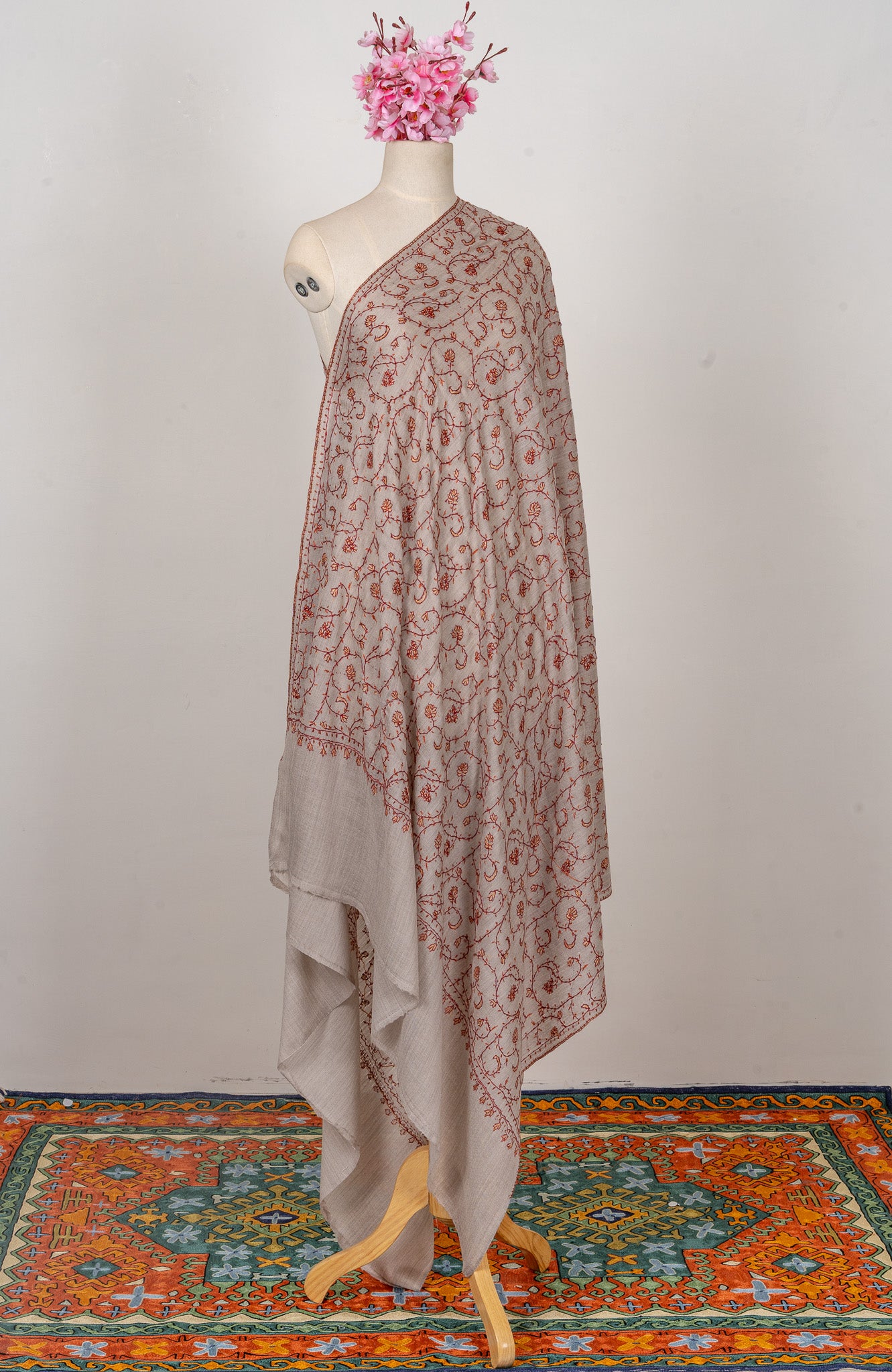 Clay Blossom — 2.5 Yards Sozni Hand-Embroidered Shawl