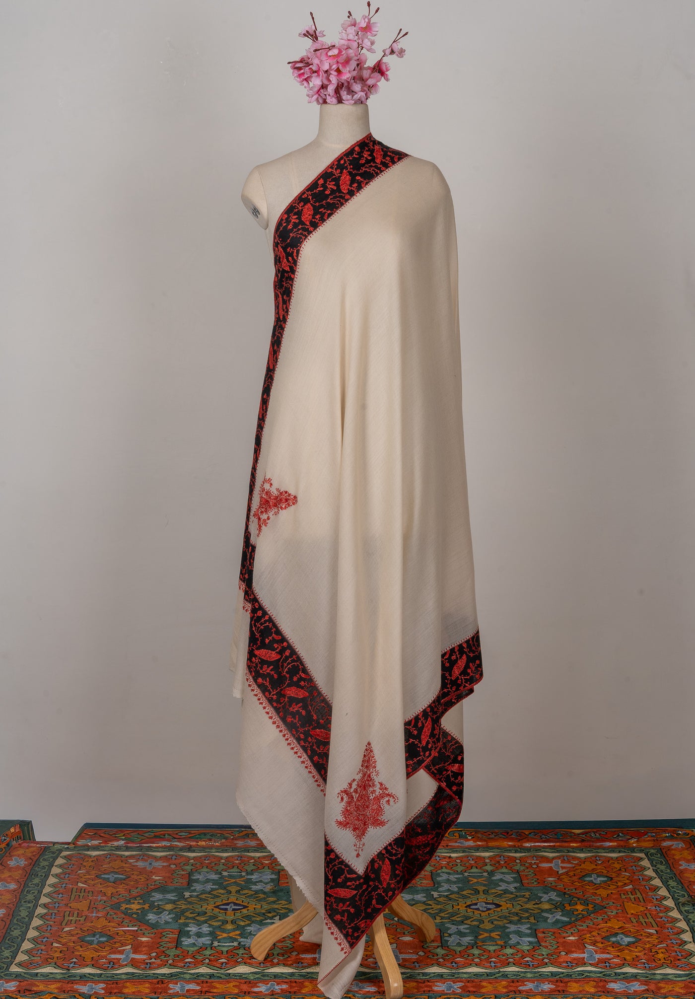Ivory Flame — 2.5 Yards Sozni Hand-Embroidered Shawl