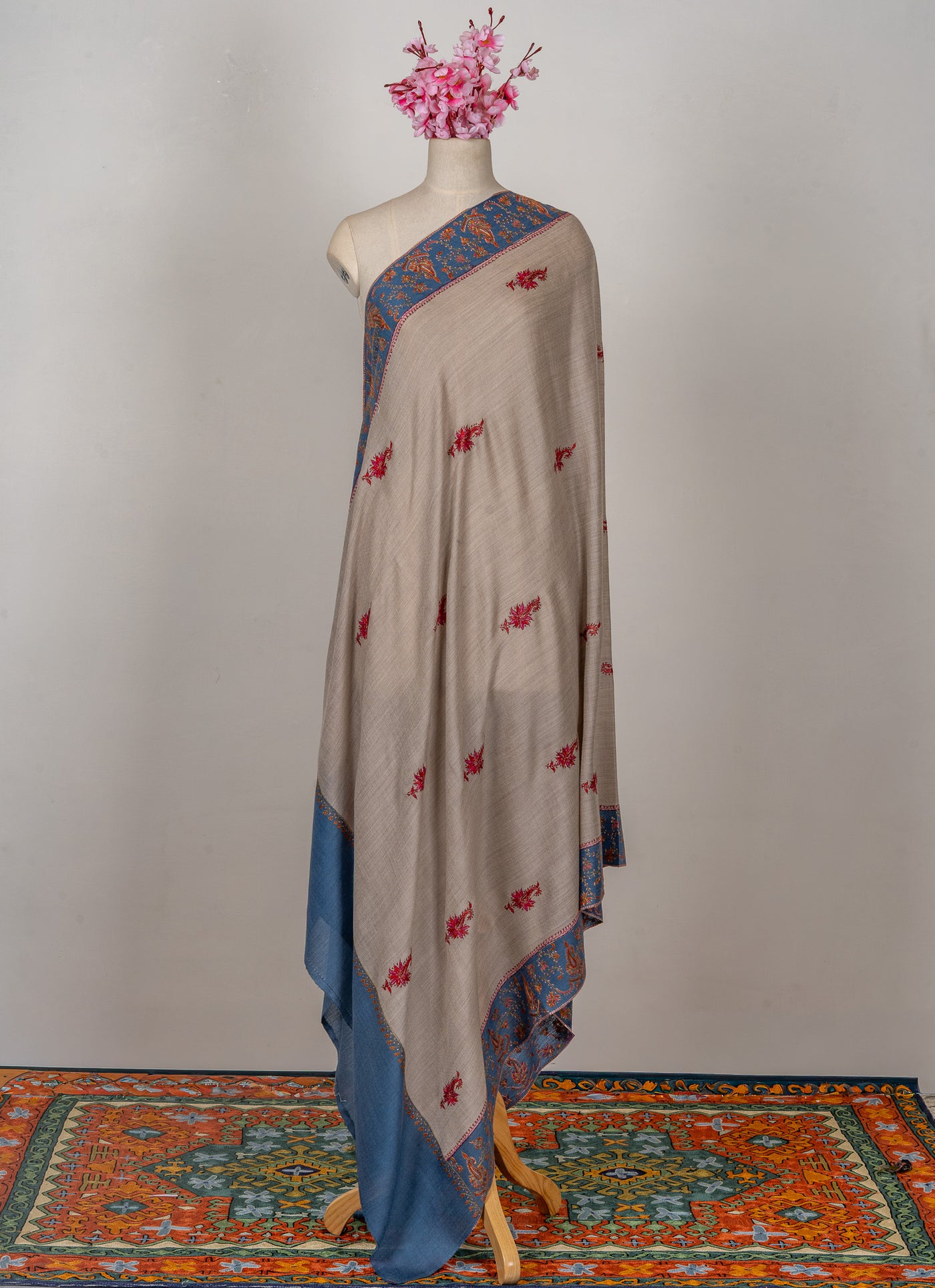 Misty Azure — 2.5 Yards Sozni Hand-Embroidered Shawl