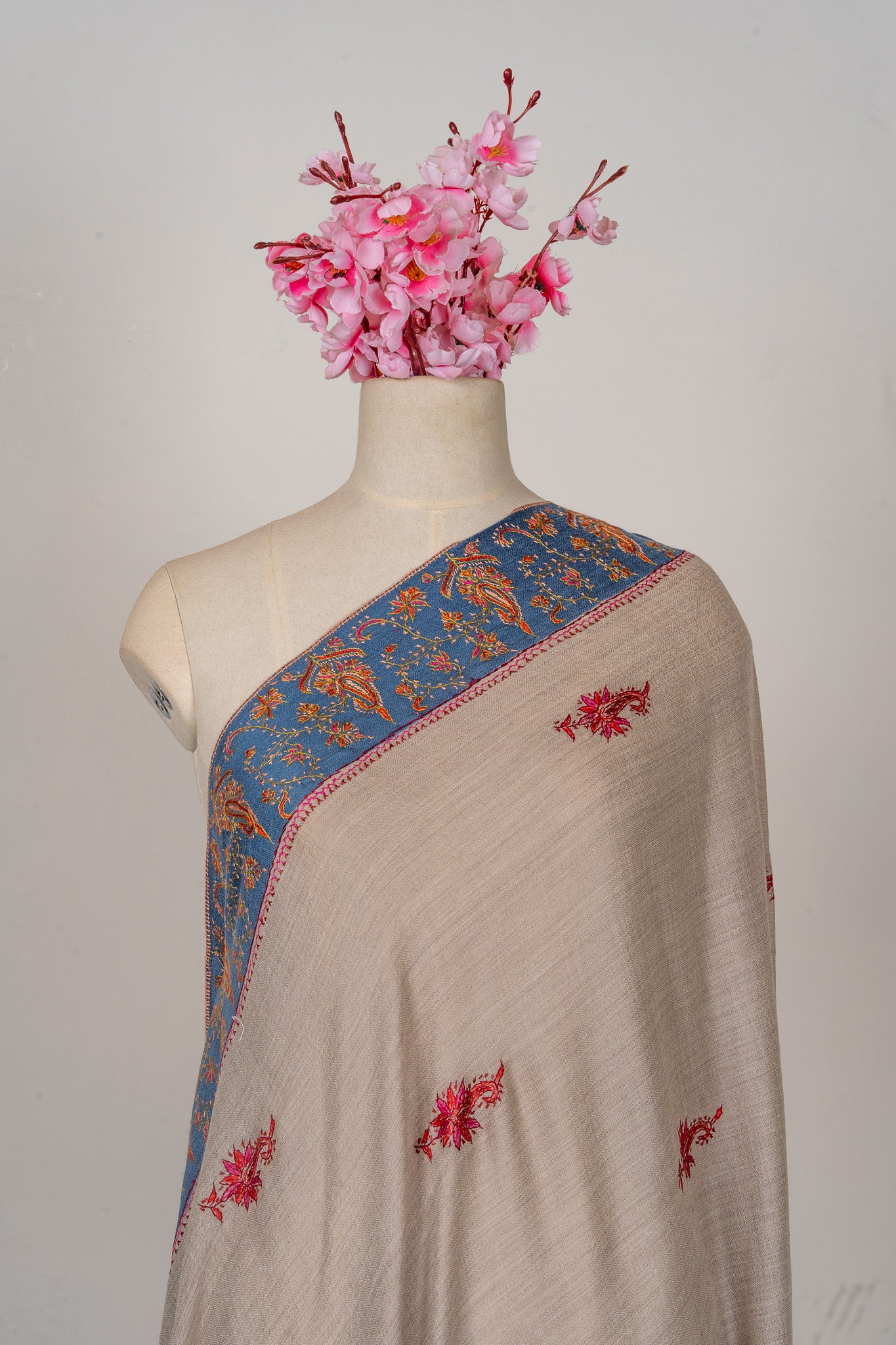 Misty Azure — 2.5 Yards Sozni Hand-Embroidered Shawl