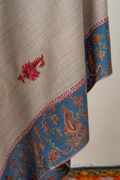 Misty Azure — 2.5 Yards Sozni Hand-Embroidered Shawl
