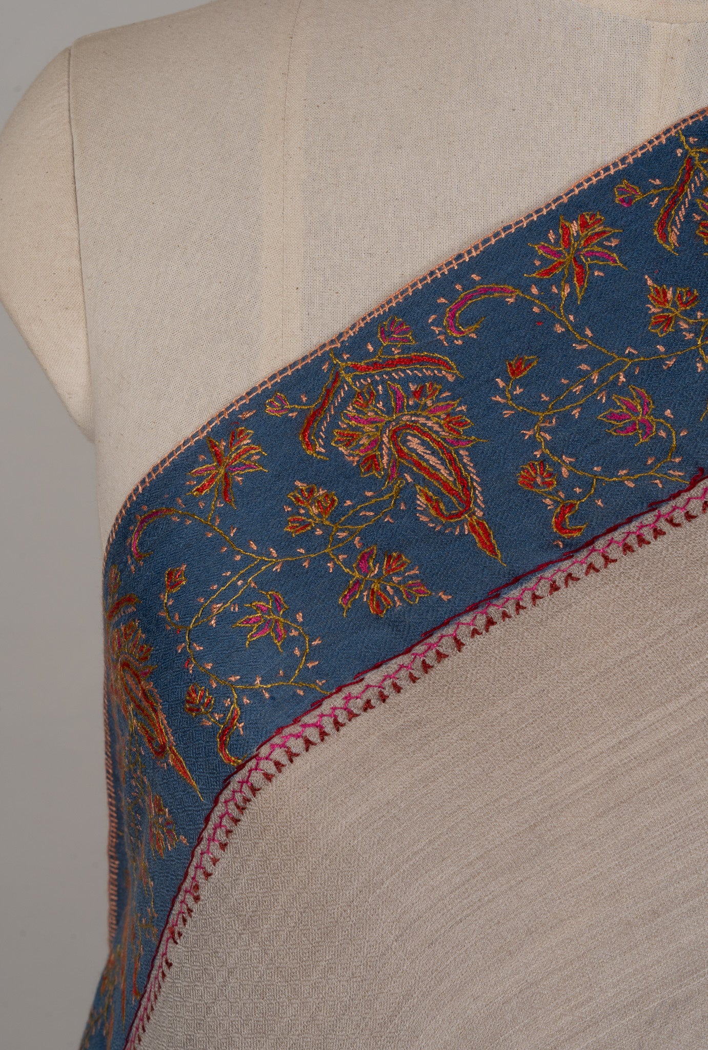 Misty Azure — 2.5 Yards Sozni Hand-Embroidered Shawl