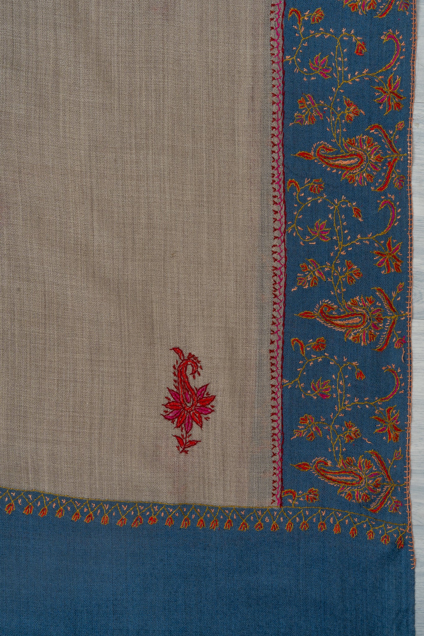 Misty Azure — 2.5 Yards Sozni Hand-Embroidered Shawl