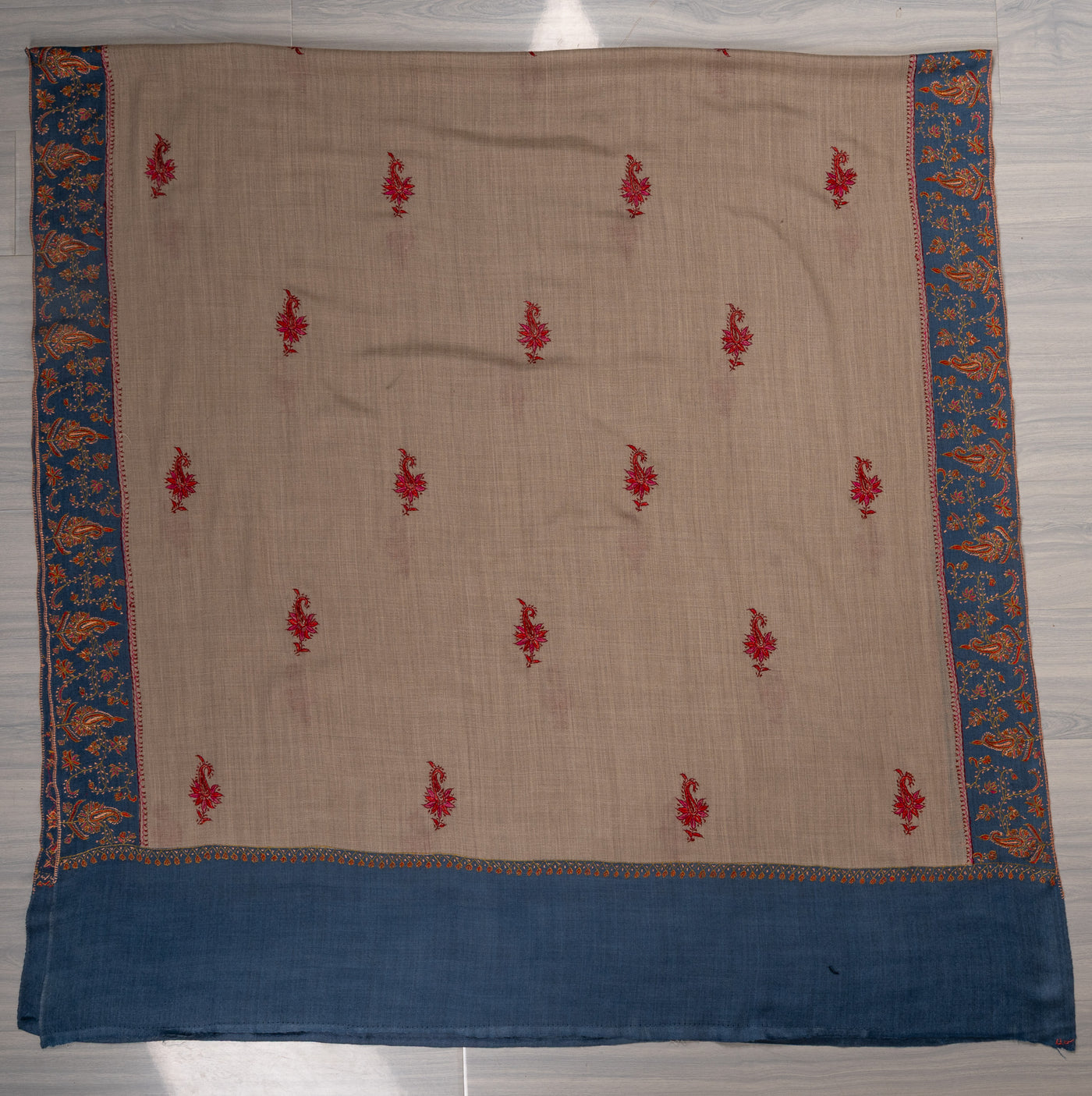 Misty Azure — 2.5 Yards Sozni Hand-Embroidered Shawl