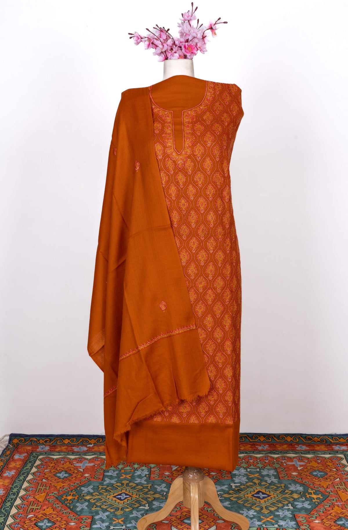 Sozni Hand Embroidered Suit in Fine Merino Wool Amber Glow