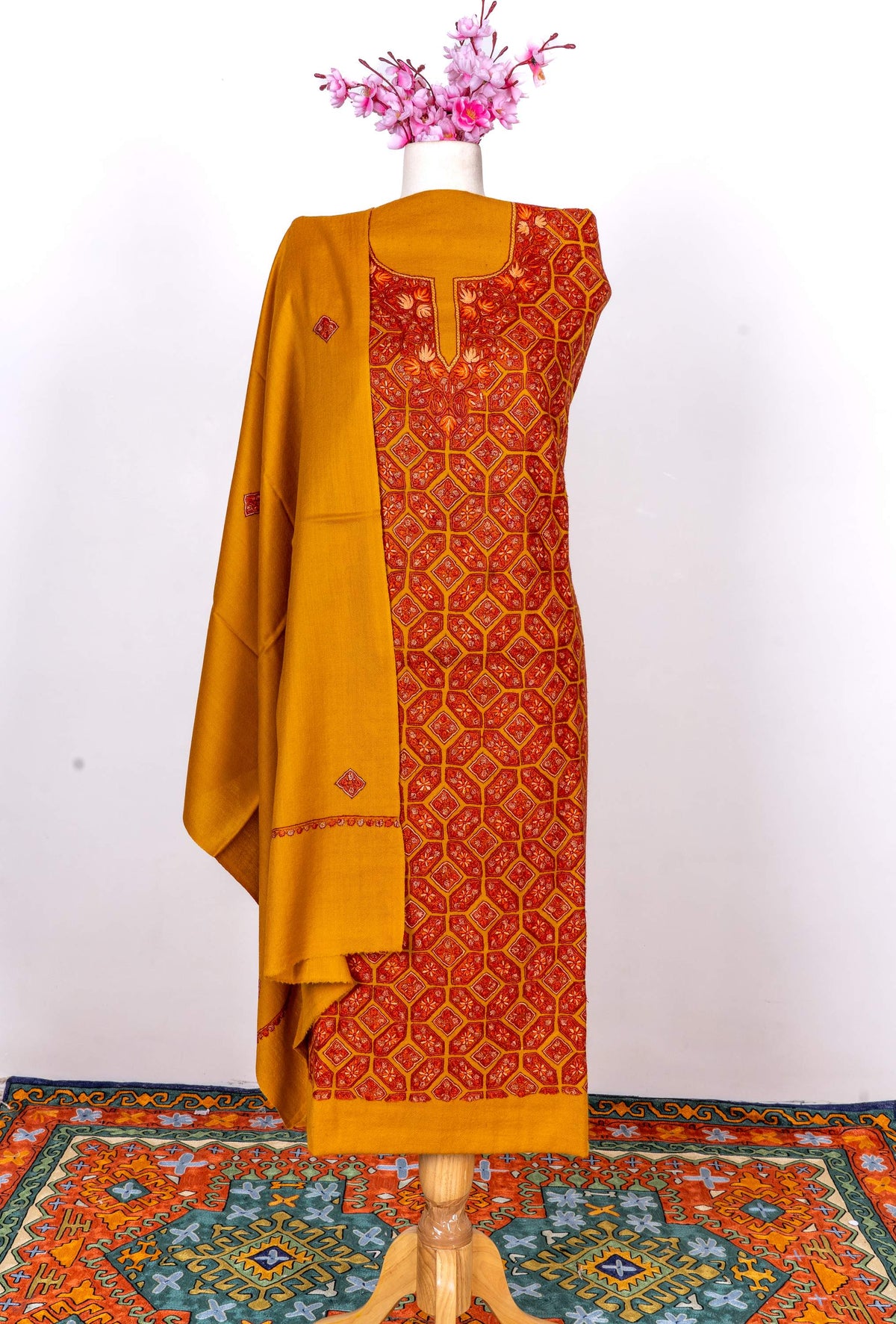 Marigold Mosaic Sozni Hand Embroidered Suit in Fine merino wool