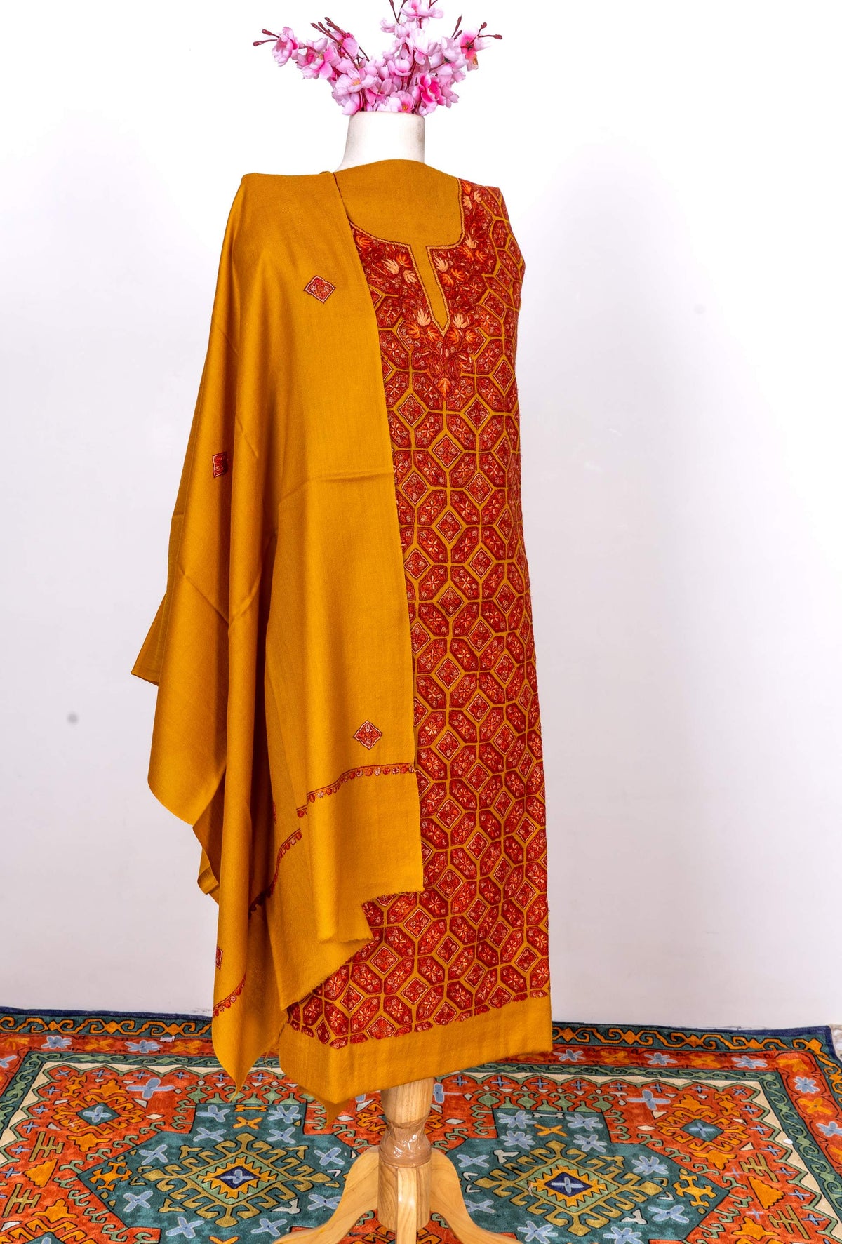 Marigold Mosaic Sozni Hand Embroidered Suit in Fine merino wool