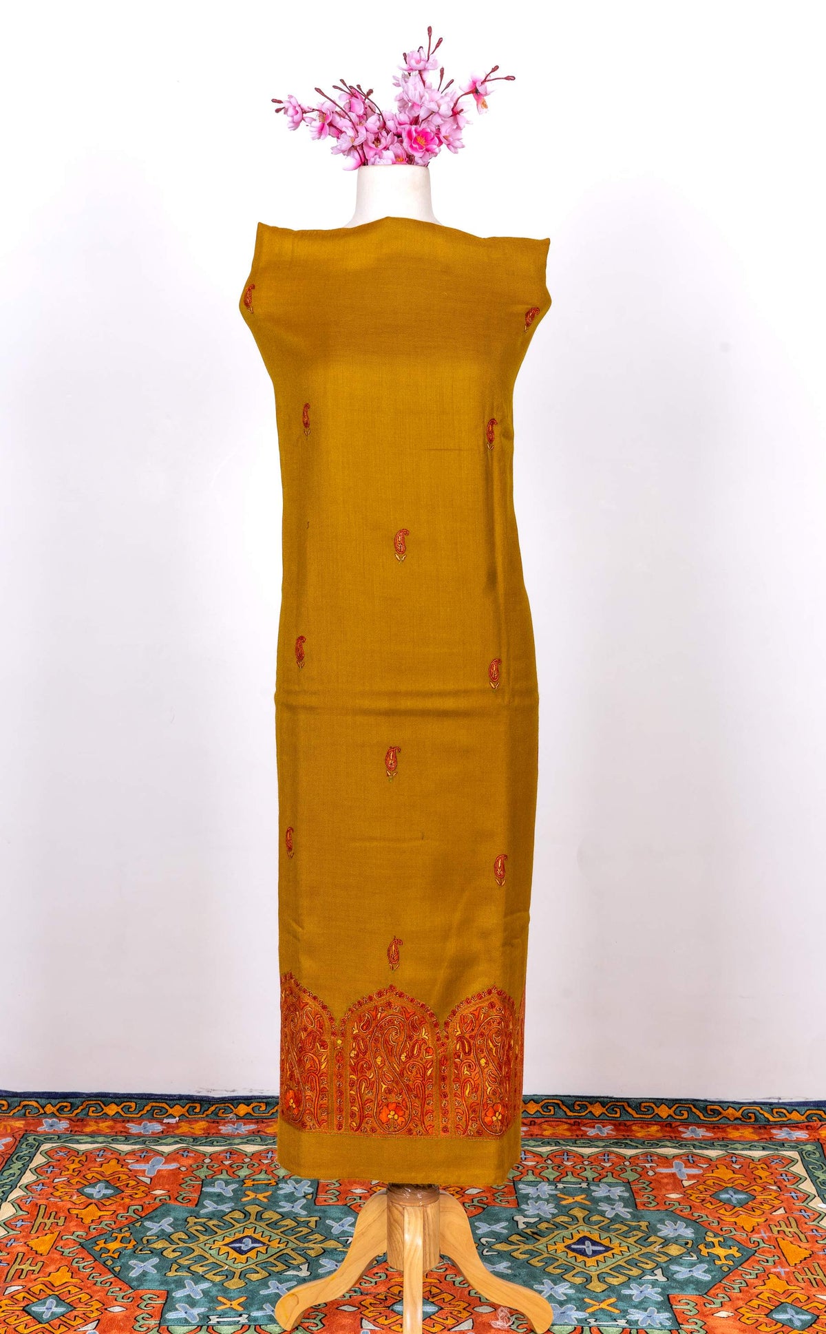 Saffron Gold Sozni Hand Embroidered Suit in Fine merino wool