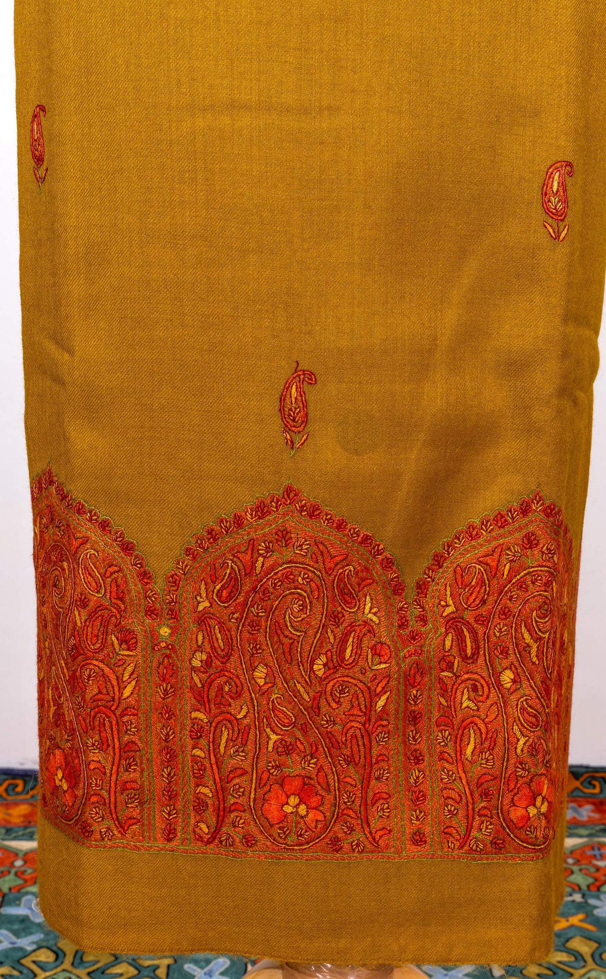 Saffron Gold Sozni Hand Embroidered Suit in Fine merino wool