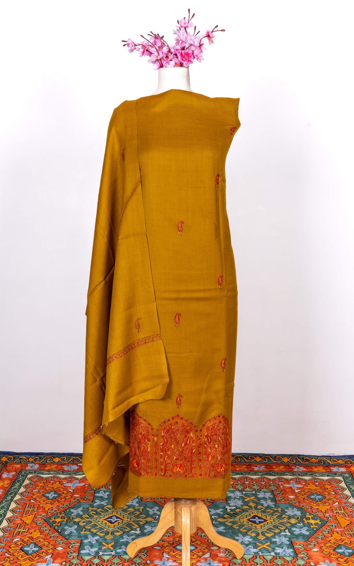 Saffron Gold Sozni Hand Embroidered Suit in Fine merino wool