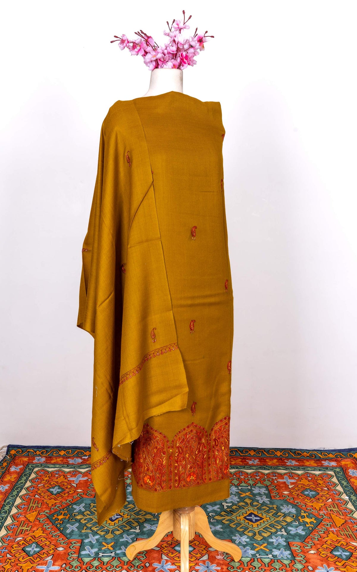 Saffron Gold Sozni Hand Embroidered Suit in Fine merino wool