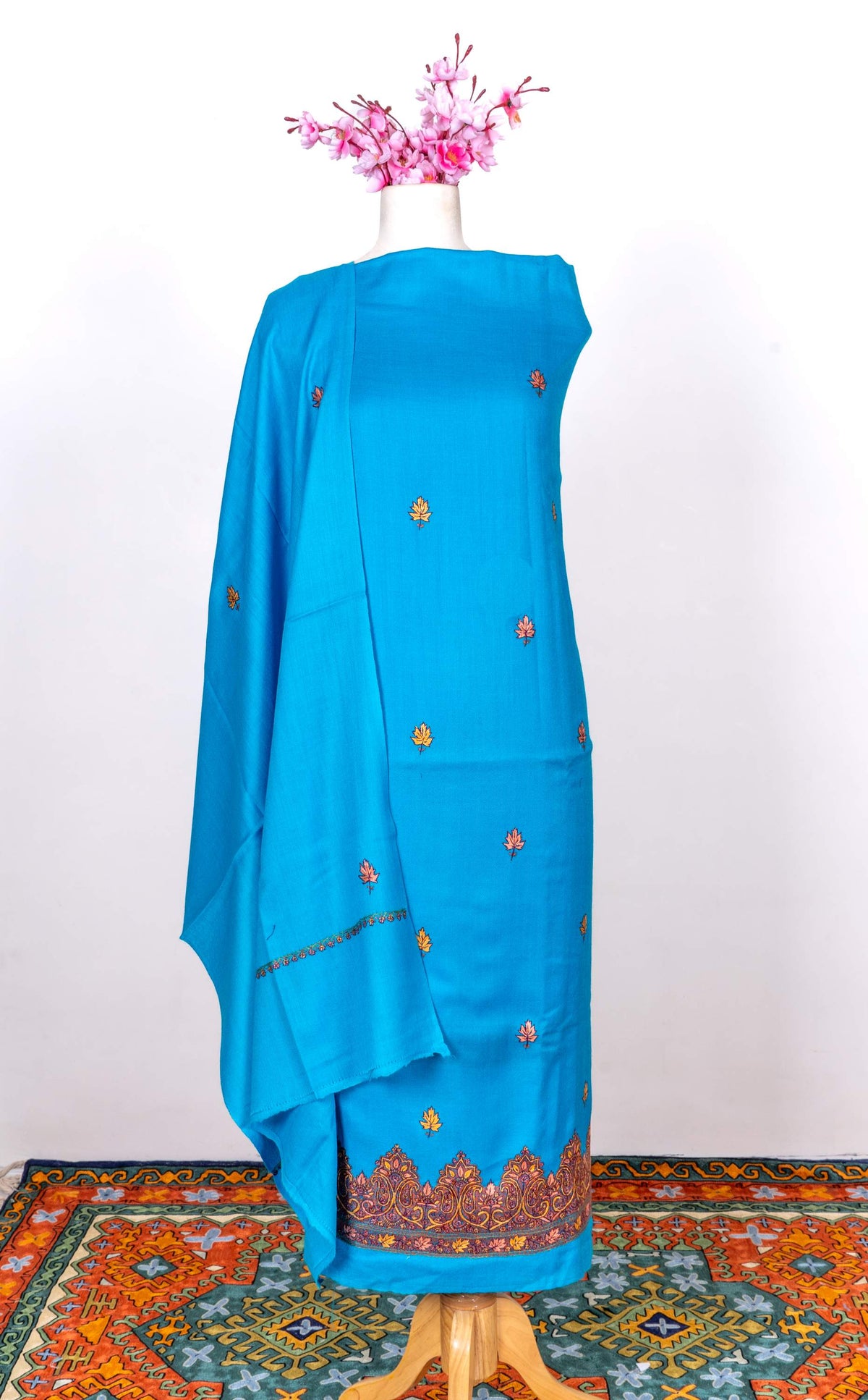Turquoise Bloom Sozni Hand Embroidered Suit in Fine merino wool