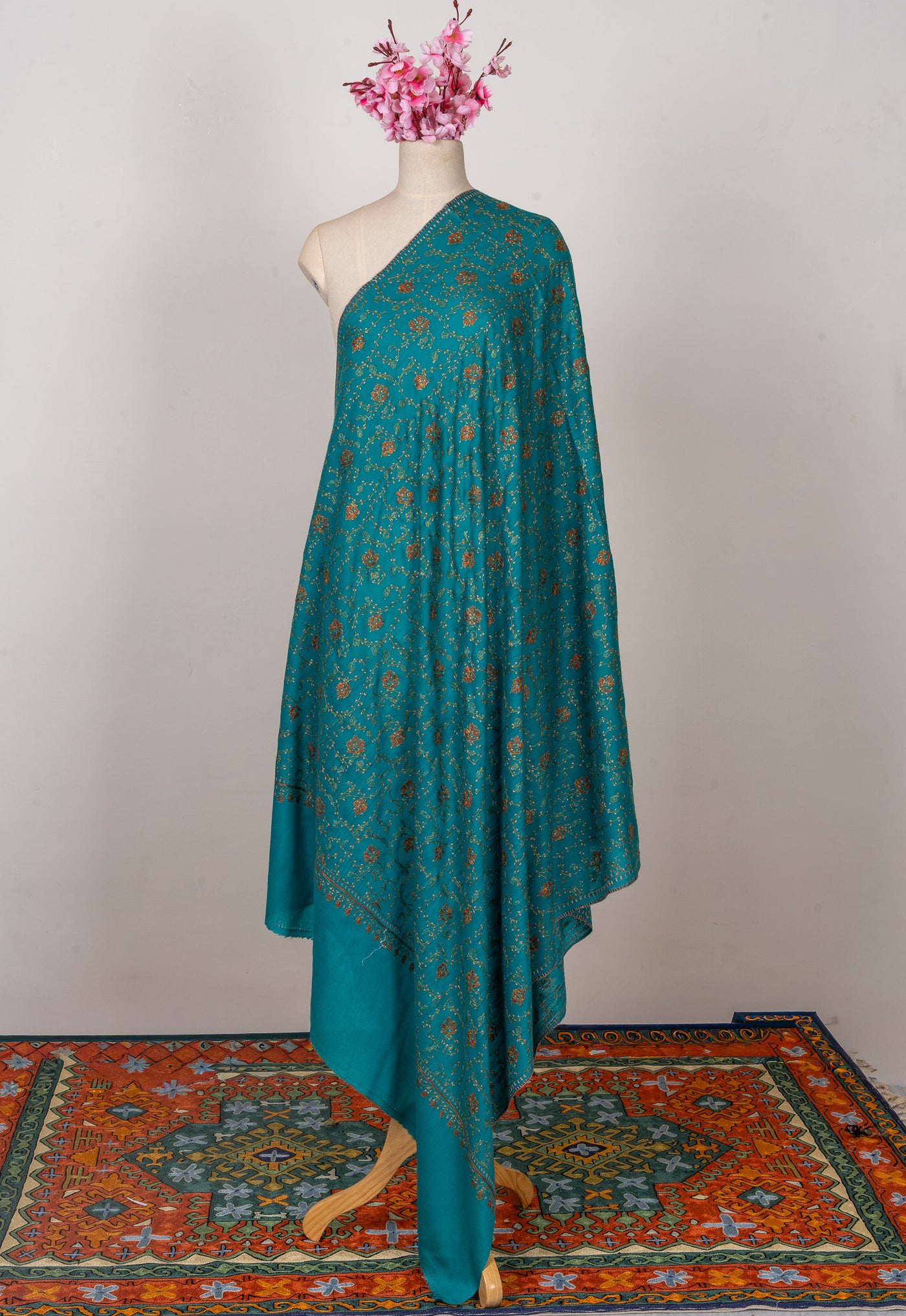 Teal Meadow — 2.5 Yards Sozni Hand-Embroidered Shawl