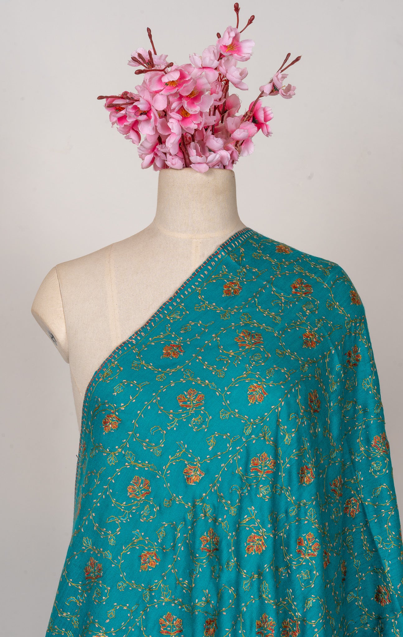 Teal Meadow — 2.5 Yards Sozni Hand-Embroidered Shawl