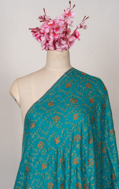 Teal Meadow — 2.5 Yards Sozni Hand-Embroidered Shawl