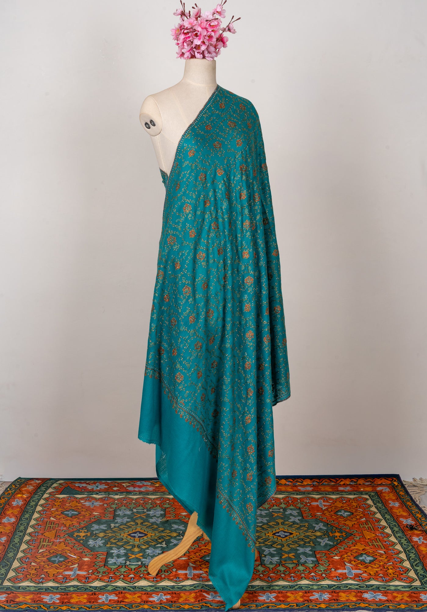 Teal Meadow — 2.5 Yards Sozni Hand-Embroidered Shawl