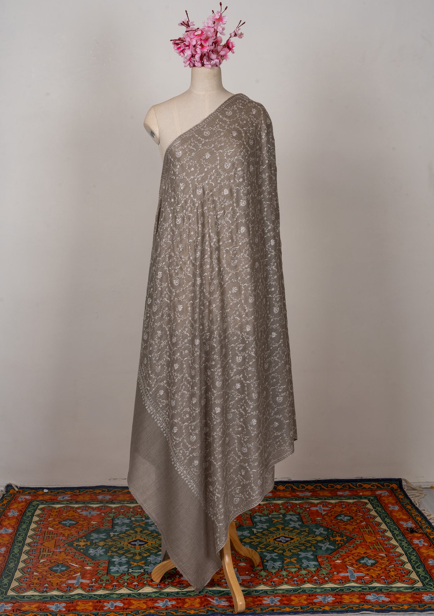 Winter Whisper — 2.5 Yards Sozni Hand-Embroidered Shawl