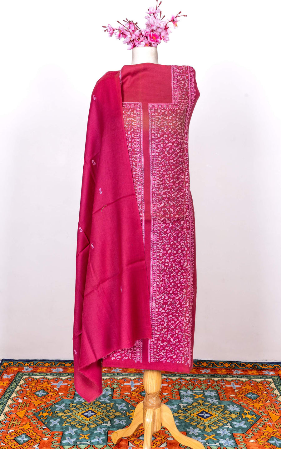 Sozni Hand Embroidered Suit in Fine Merino Wool Rose Jamdani
