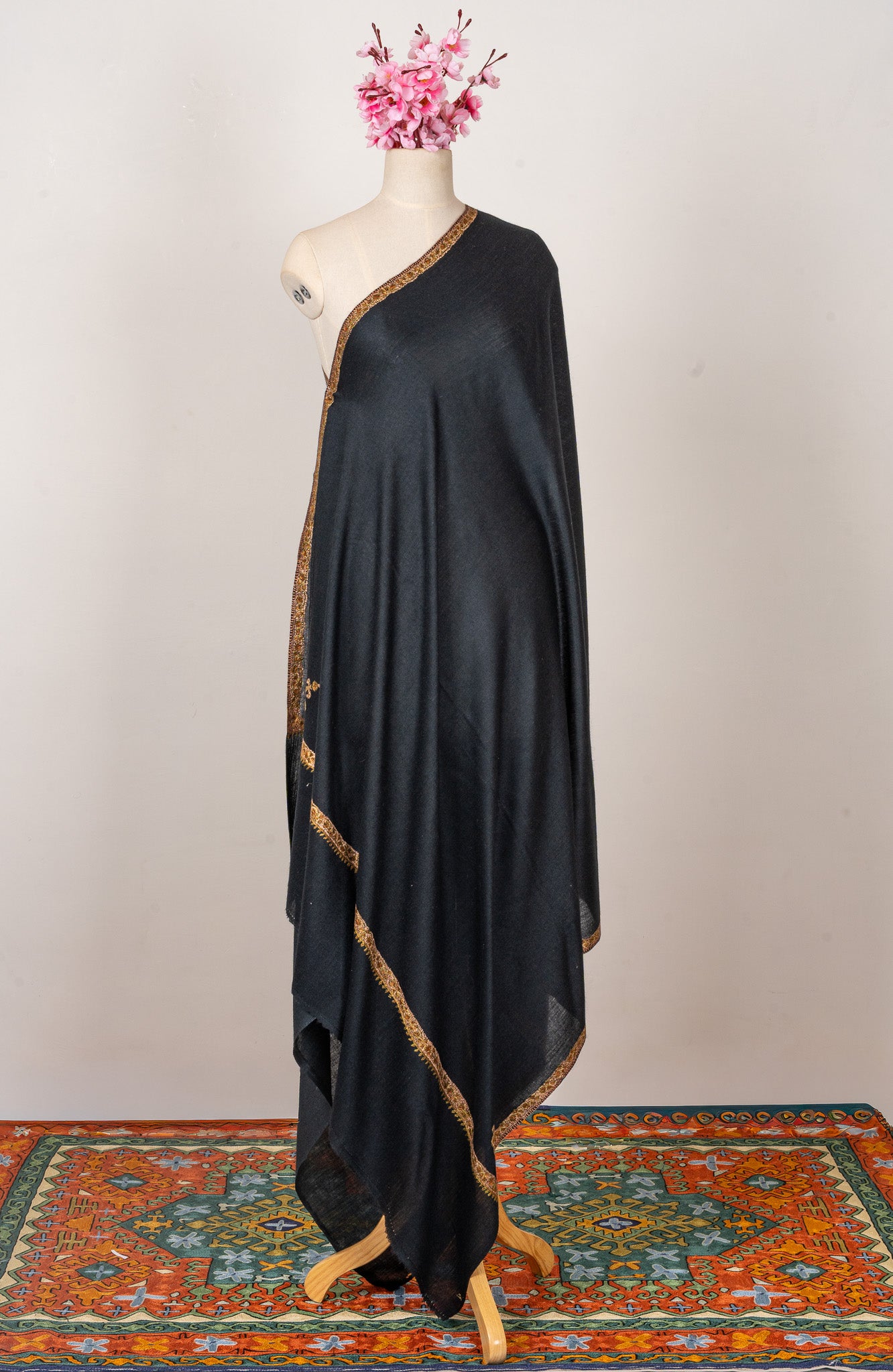 Obsidian Charm — 2.5 Yards Sozni Hand-Embroidered Shawl