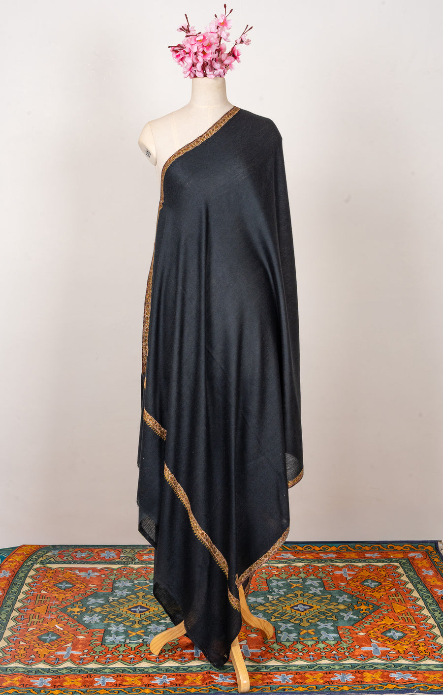 Obsidian Charm — 2.5 Yards Sozni Hand-Embroidered Shawl