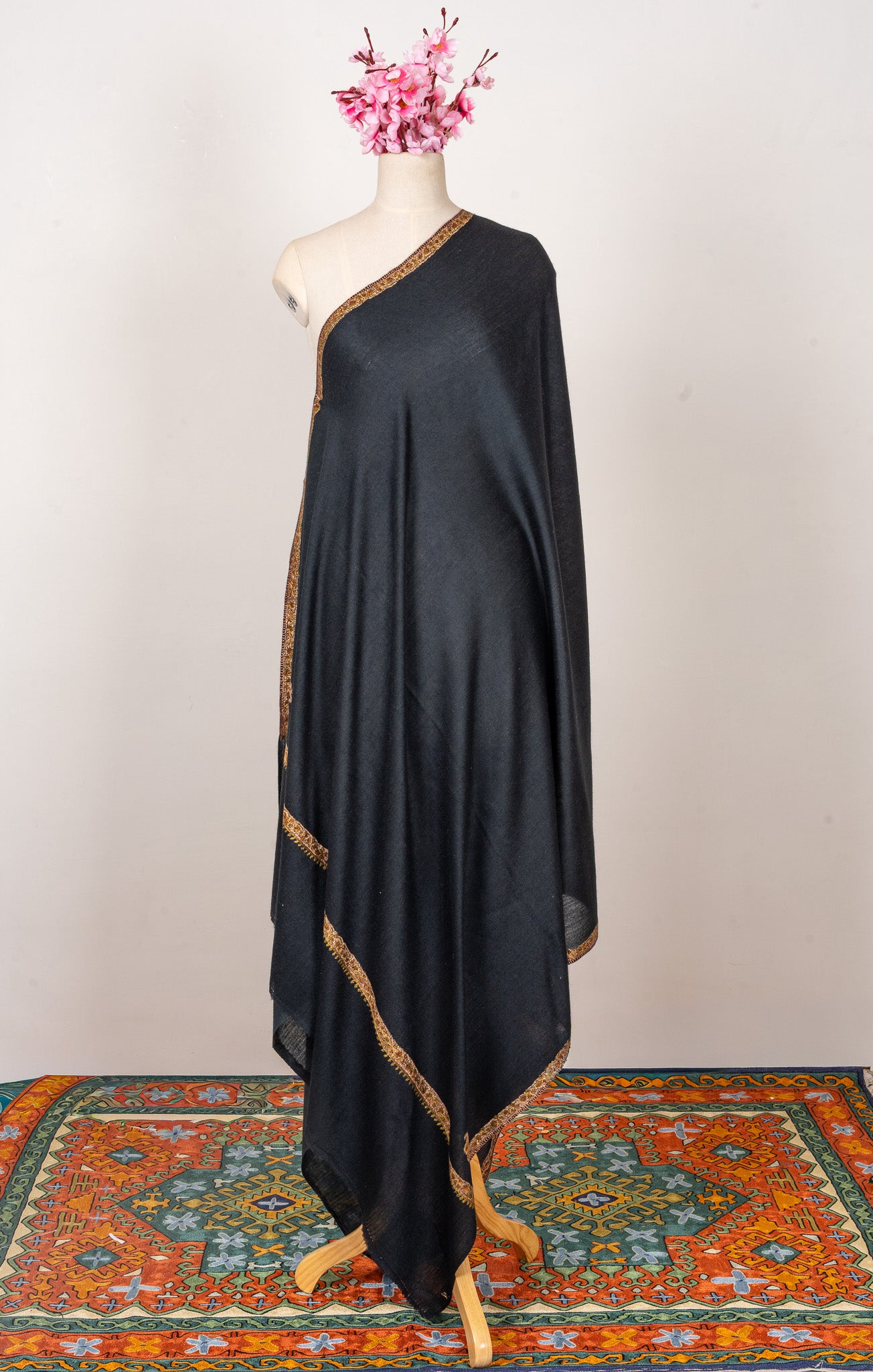 Obsidian Charm — 2.5 Yards Sozni Hand-Embroidered Shawl