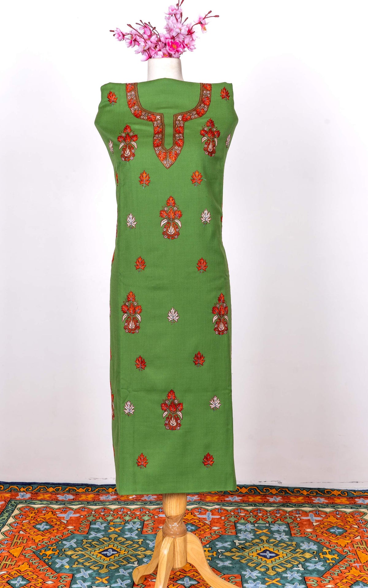 Meadow Leaf Sozni Hand Embroidered Suit in Fine merino wool