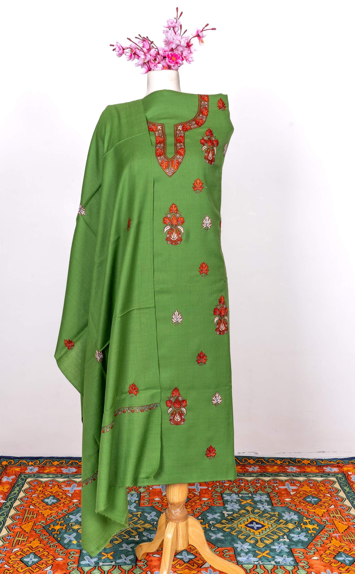 Meadow Leaf Sozni Hand Embroidered Suit in Fine merino wool