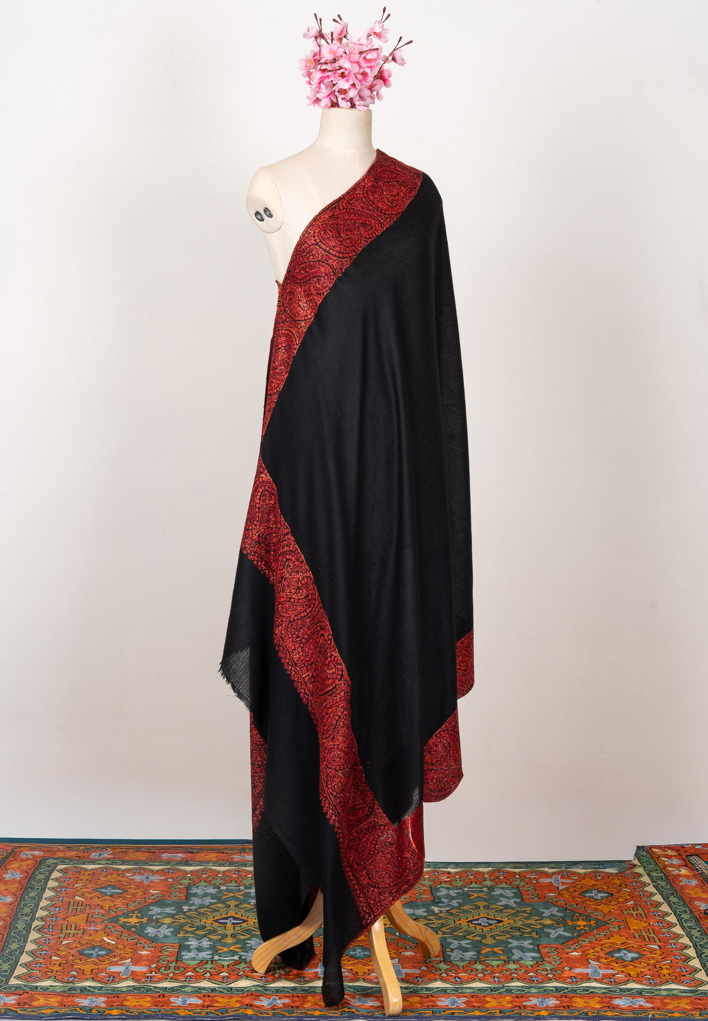 Midnight Rouge — 2.5 Yards Sozni Hand-Embroidered Shawl