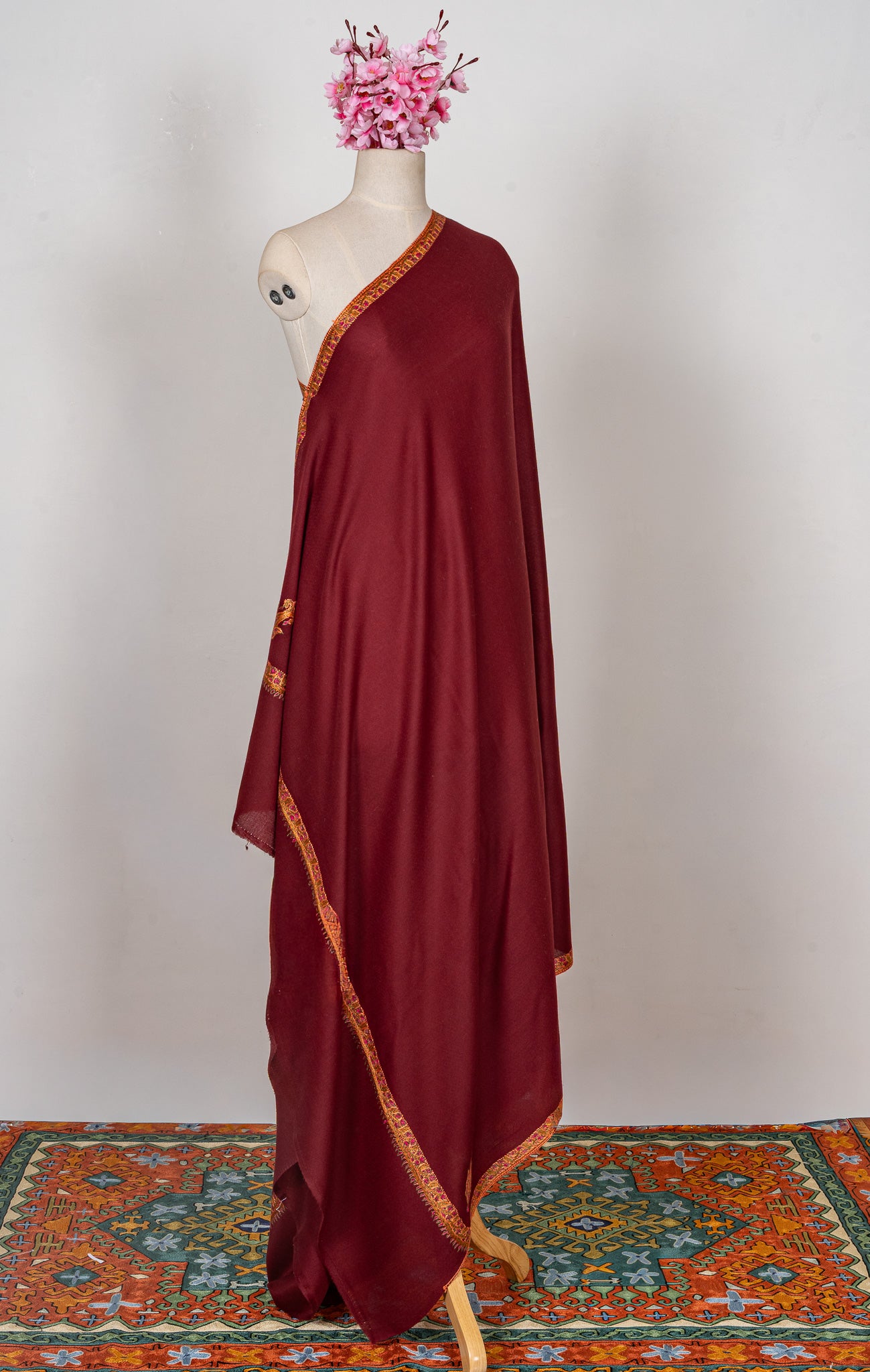 Maroon Empress — 2.5 Yards Sozni Hand-Embroidered Shawl
