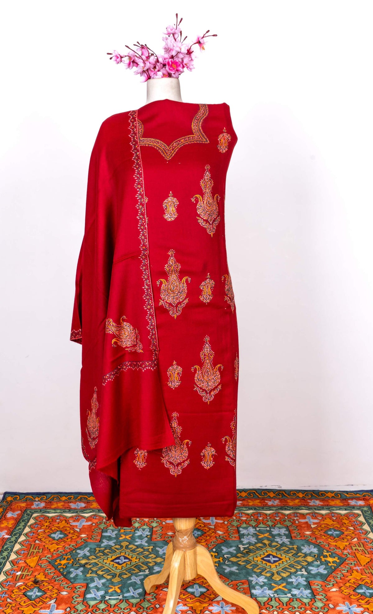 Royal Garnet Sozni Hand Embroidered Suit in Fine merino wool