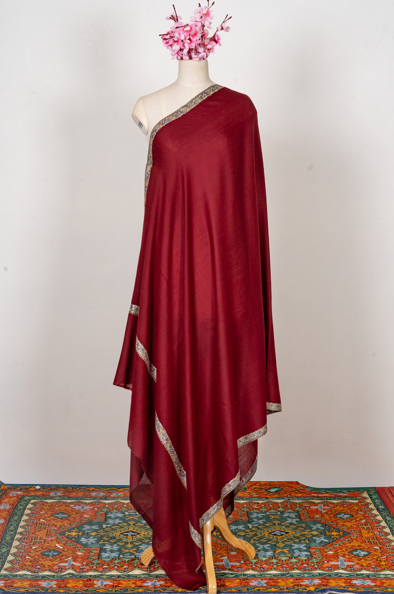 Garnet Gleam — 2.5 Yards Sozni Hand-Embroidered Shawl