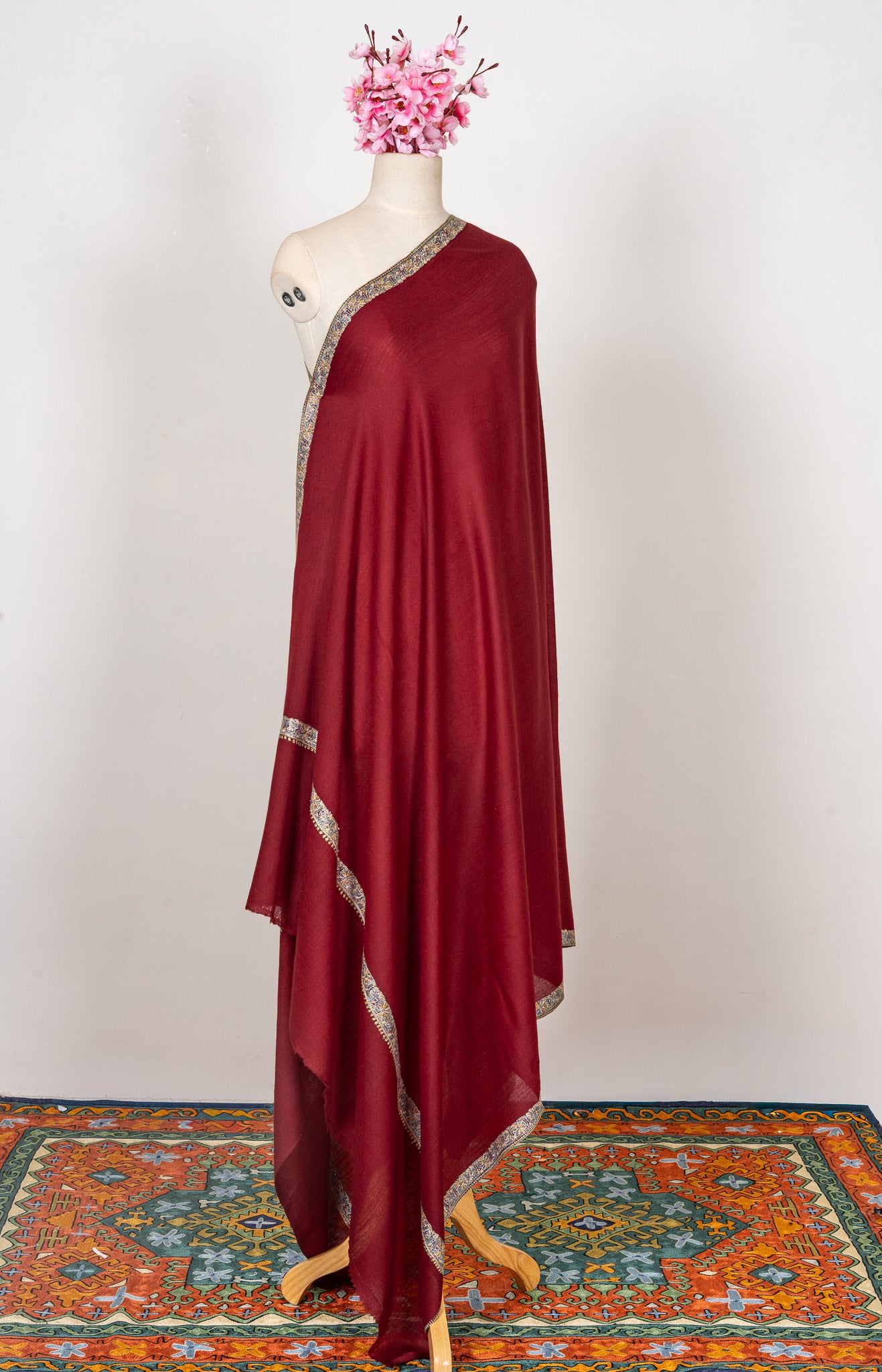 Garnet Gleam — 2.5 Yards Sozni Hand-Embroidered Shawl