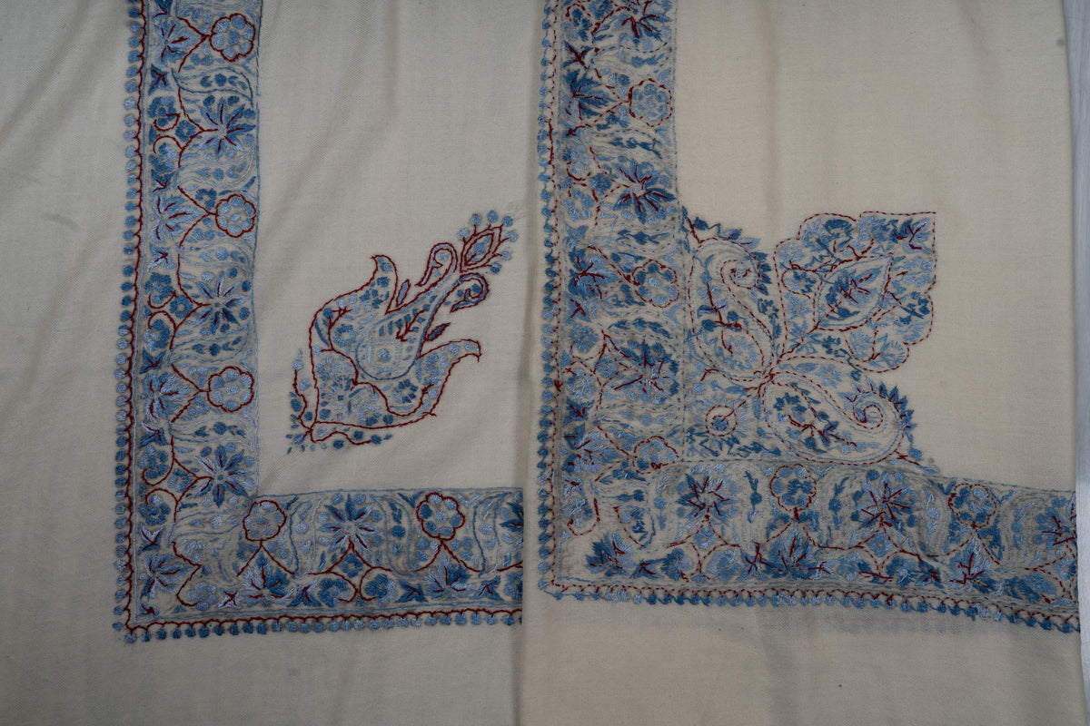 Two ivory Merino wool rumal corners comparing a separate blue Sozni paisley with a larger motif joined to the floral border.