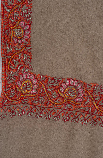 Taupe Ember — 2.5 Yards Sozni Hand-Embroidered Shawl