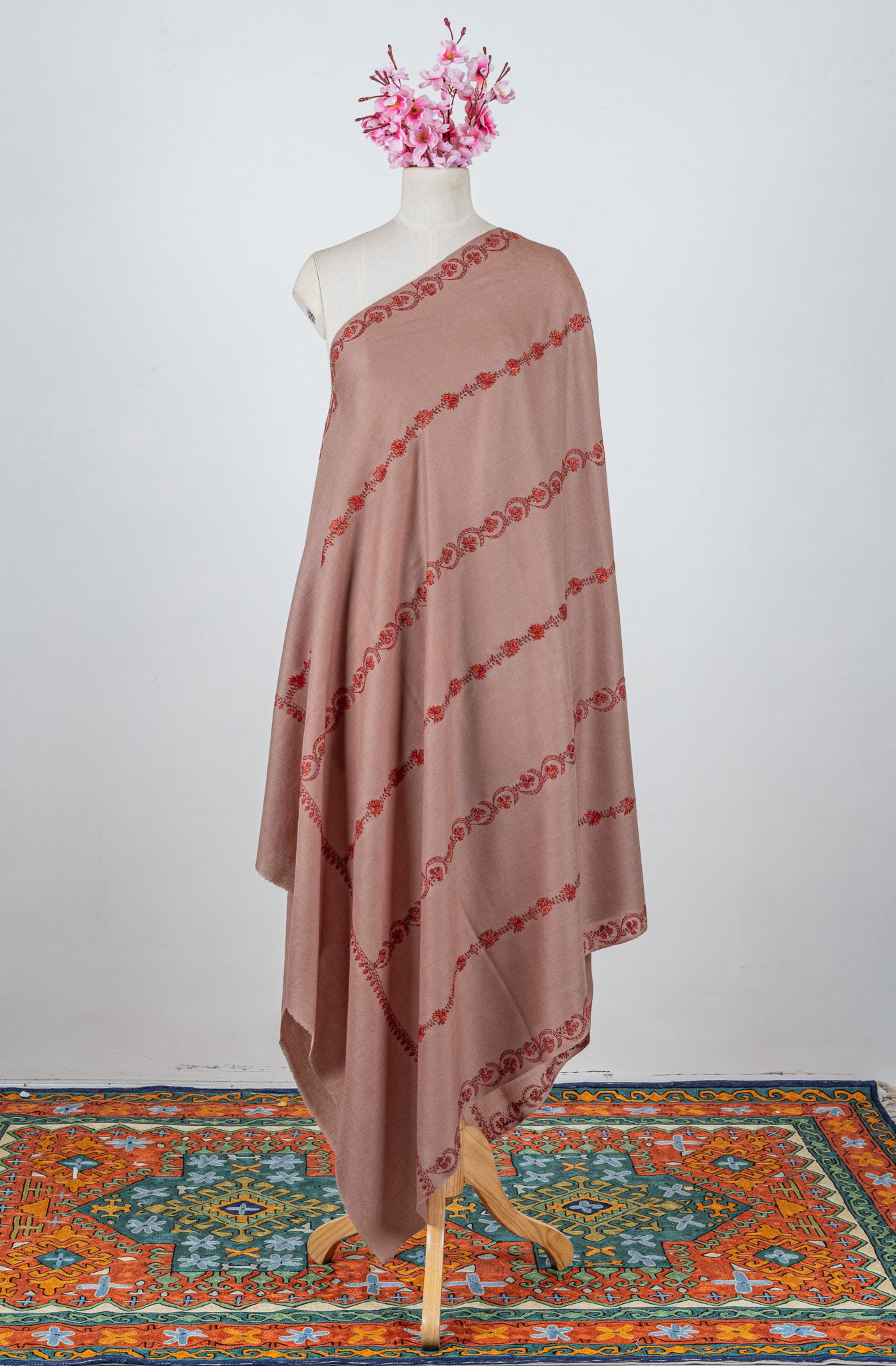 Rosy Drift Sozni Hand Embroidered Merino Wool Shawl